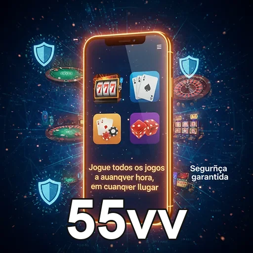 Imagem de um smartphone com interface de cassino no app móvel 55vv